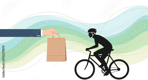 Delivery service concept with a bicycle rider and a hand offering a package illustration
