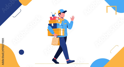 Delivery Service Worker With Boxes and Packages, Walking and Waving, Isolated Illustration
