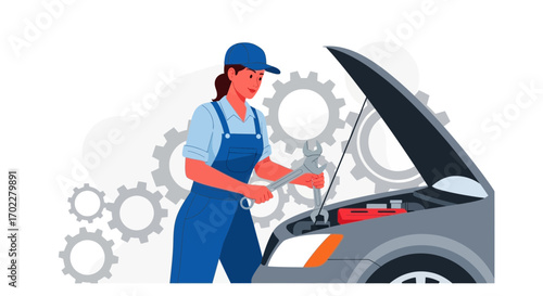 Female mechanic fixing car engine with wrench, auto repair vector illustration