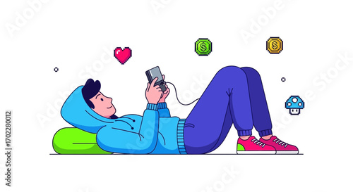 Digital Enthusiast Relaxing While Playing Games on Their Phone with Pixelated Elements Displayed