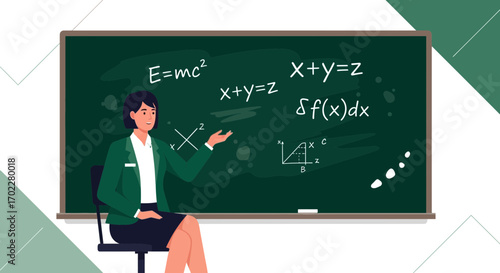 Female teacher explaining mathematics equation concepts in front of a classroom chalkboard