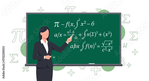 Female Teacher Illustrates Complex Mathematical Equations On A green Blackboard With Calculations