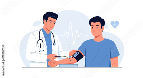 Doctor checking blood pressure of a patient in a medical vector illustration template