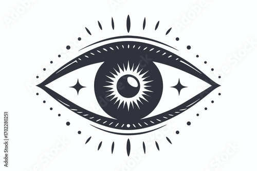 Third Eye Design with Rays, Dots, and Stars on White Background