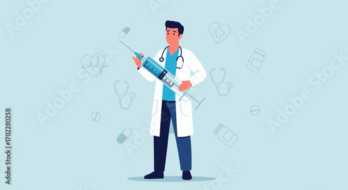 Doctor holding a syringe ready for vaccination medicine health medical healthcare illustration