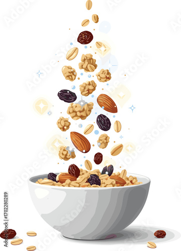 Fantasy Granola Illustration with Floating Nuts and Sparkles