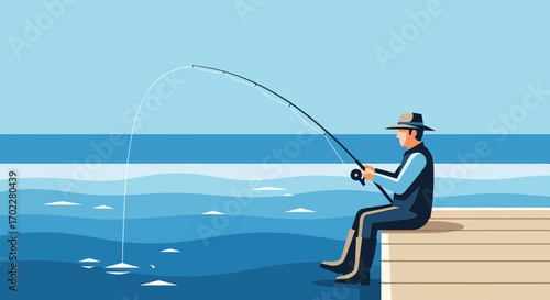 Fisherman Enjoys Peaceful Activity While Fishing Near The Ocean With Calm Blue Waters