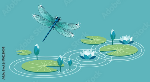 Dragonfly Hovering Above Water Lilies In A Calming Puddle with a Peaceful Atmosphere