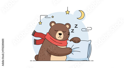 Dreamy Bear Wearing Scarf Embraces Pillow Under Moon And Stars During Night