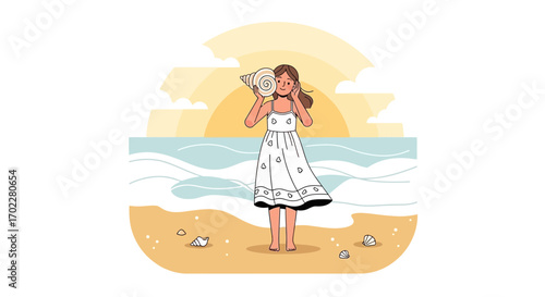 Dreamy Girl Listens Oceanic Melody While Standing on Sandy Beach at Sunset