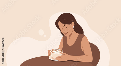 Dreamy Woman Savoring Coffee in a Gentle Cafè, Capturing Serene Moment of Relaxation