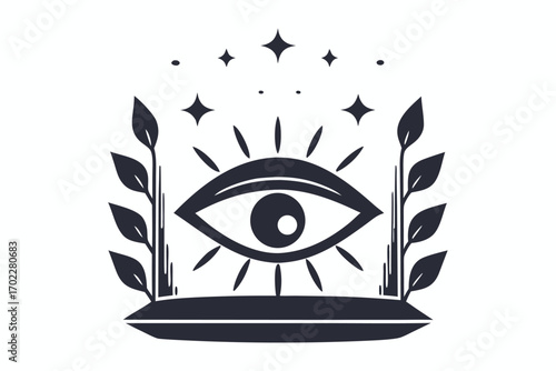 Third Eye Symbol with Leaves and Stars on White Background,