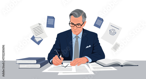 Focused Business Executive Concentrating on Contractual Agreement Documents Review