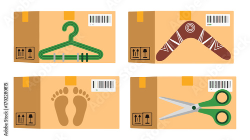 Four cardboard boxes with various items and markings packaging shipping