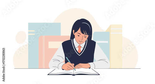 Focused Student Writing in Notebook Amongst Books Representing Academic Endeavors