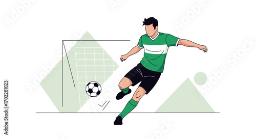 Football Player Kicking Ball Towards Goal in Simplified Geometric Illustration