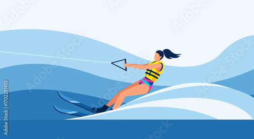 Dynamic Waterskiing Illustration Depicting Athleticism And Summertime Fun On The Water