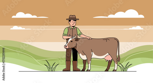 Friendly Farmer Stroking Gentle Cow In A Picturesque Peaceful Rural Landscape Field