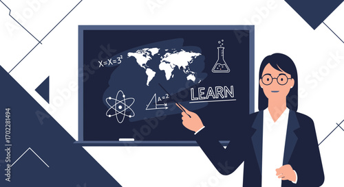 Education Illustration of a Teacher Pointing at a Blackboard with Educational Symbols