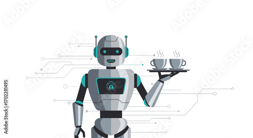 Friendly Robot Serving Coffee Cups on a Tray with Futuristic Technological Details