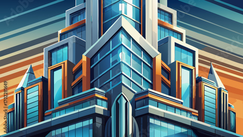 Fragment of a luxury high-rise building, featuring brushed metal surfaces, geometric lines, and panoramic windows, embodying futuristic elegance and high-end urban living.