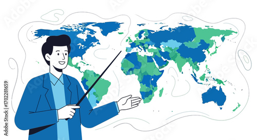 Educator Pointing At World Map Illustrating Geography And International Affairs