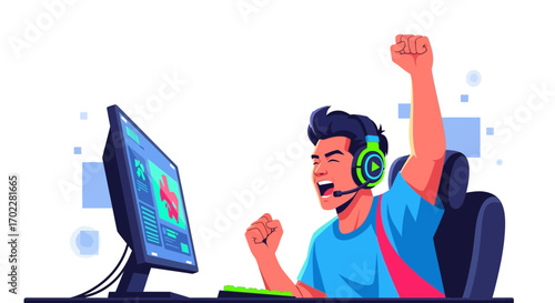 Gamer Celebrating a Victory With Raised Fist and Exuberant Expression in Excitement