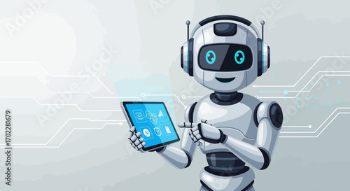 Futuristic Robot Displaying Data on a Tablet, Representing AI and Technological Progress