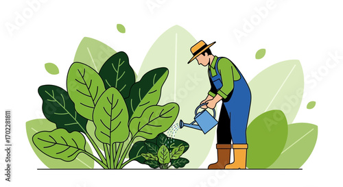 Gardener Nurturing Lush Green Plants With Watering Can Under Beautiful Sunlight