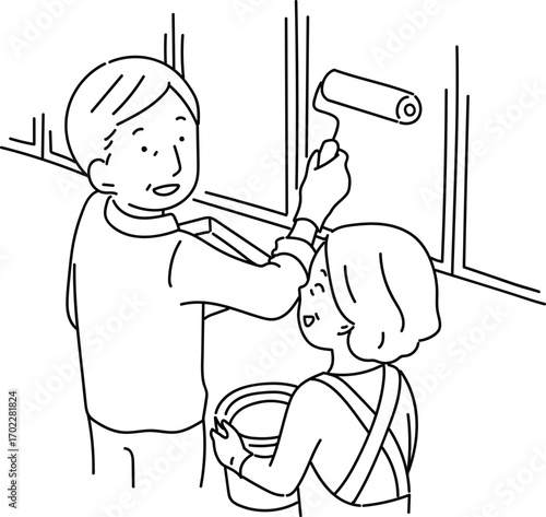 DIYを楽しむ老夫婦_線画
