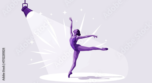 Elegant ballerina in spotlight dancing gracefully under purple lights illustration vector