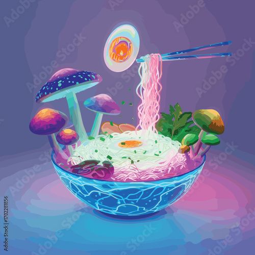 Fantasy Neon Ramen Illustration with Floating Ingredients