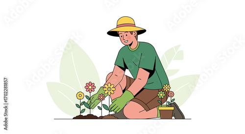 Gardener planting flowers in a garden, illustration of person gardening isolated on white