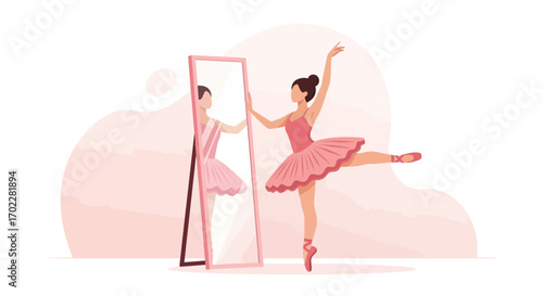 Elegant Ballerina Practices Graceful Poses Reflecting Herself In A Mirror