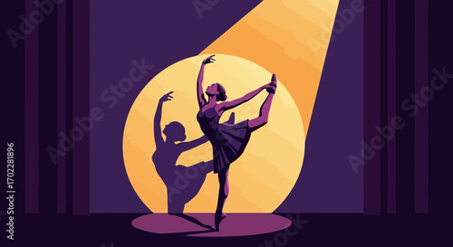 Elegant Ballet Dancer Performing Under Stage Spotlight With Shadow and Artistic Illustration