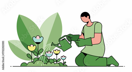 Gardener Watering Blossoms: An Illustration of Nurturing Growth in Home Garden
