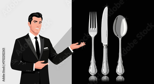 Elegant Gentleman Presenting Silverware Set with Sparkling Reflections and Shiny Surface