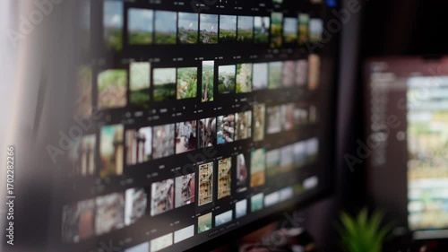 Photographer workspace multiple monitors editing. Close-up of a professional photographer or video editor's desk setup with large screens displaying stock photo previews, camera lenses