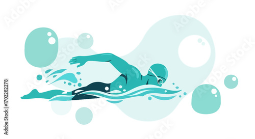 Elegant Illustration Of A Swimmer Gliding Effortlessly Through Water With Artistic Bubbles