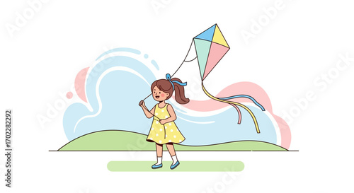 Girl Playing With A Colorful Kite Under A Sky In An Illustrative Springtime Setting