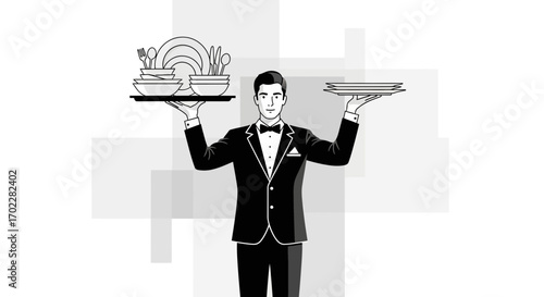 Elegant Server Presenting Dinnerware on Trays with Service Industry Professionalism