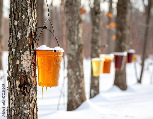 Maple Syrup Collection Buckets on Sugar Trees - Forest Harvest
