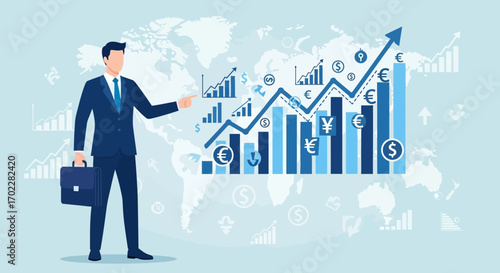 Global Business Growth: A Successful Businessman Presenting Data on Worldwide Financial Expansion