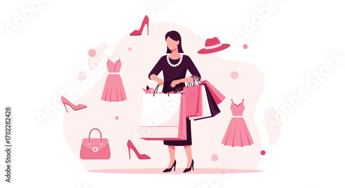 Glamorous Woman Displays Shopping Bags With Fashionable Clothes And Accessories Purchase