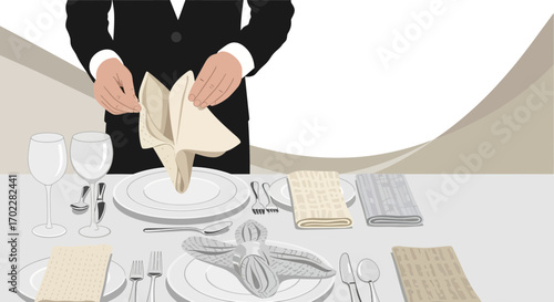 Elegant Table Setting Illustration: A Server Expertly Folds a Napkin for Fine Dining