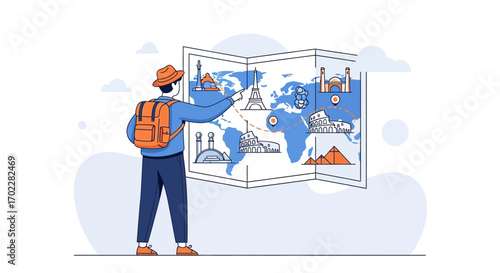 Global Traveler Charting Destinations Vector Illustration for Worldwide Exploration and Expeditions