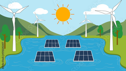 Clean renewable energy vector illustration with solar panels and wind turbines under blue sky.