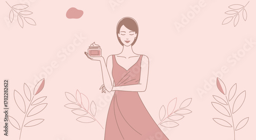 Elegant Woman Holding Creme Jar Surrounded By Floral Elements, Beauty Illustration