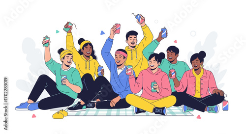 Group of friends celebrate together while enjoying refreshing beverages in graphic style