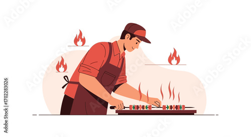 Grilling Mastery: A Chef Prepares Culinary Skewers Over Glowing Ember Flames